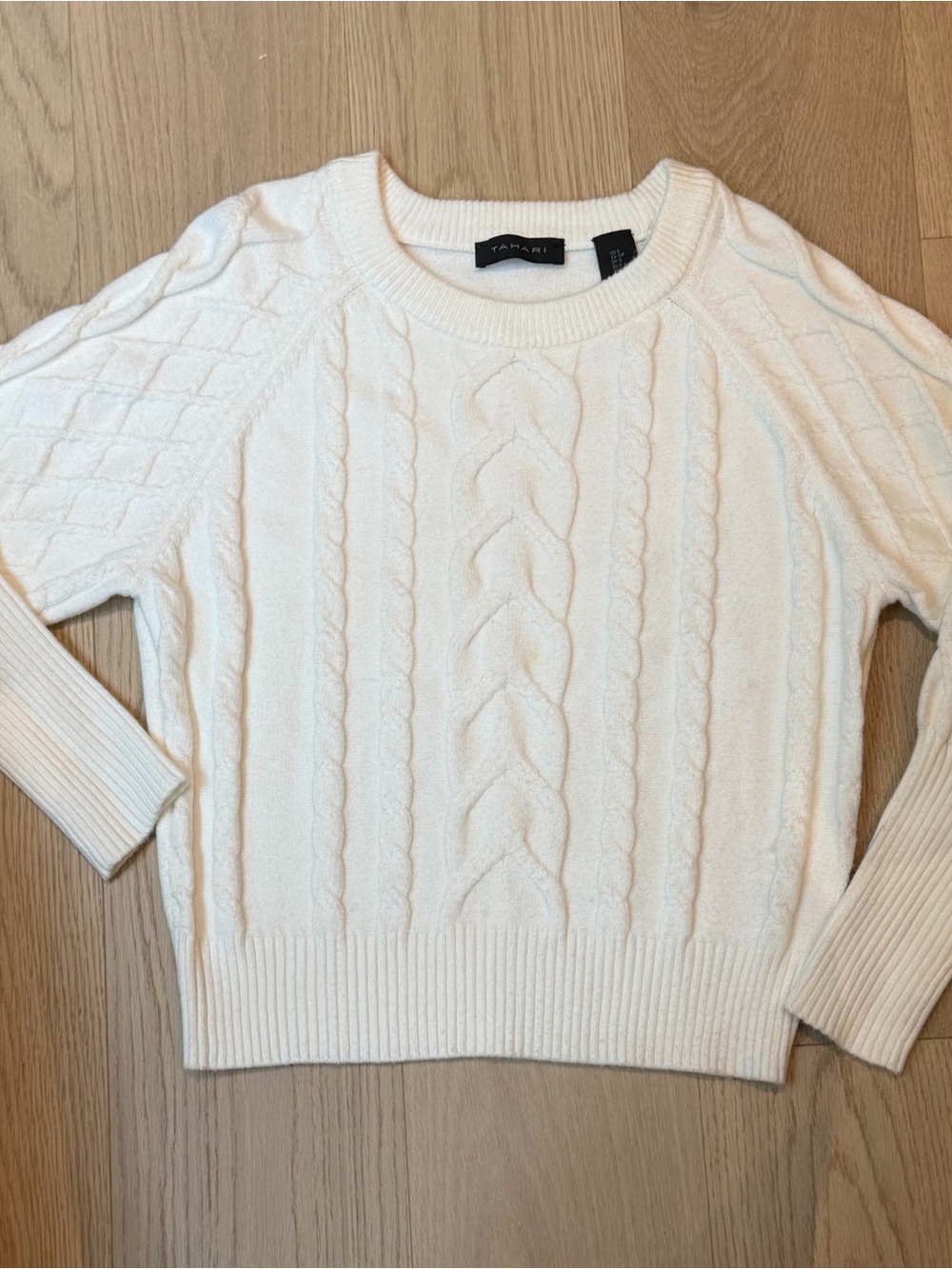 Tahari Ivory Cable Knit Crewneck Sweater, Size Small